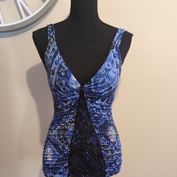 XOXO Blue and Black Fitted Camisole with Cut Lace Front Panel - Picture 1 of 6